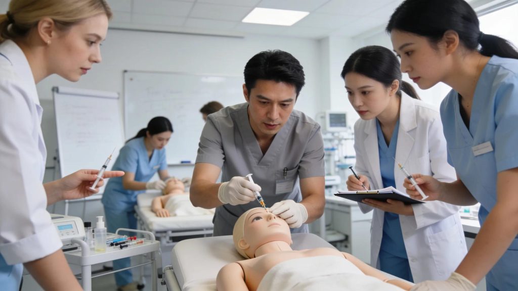 Healthcare professionals engaged in aesthetic training showcasing practical skills and techniques