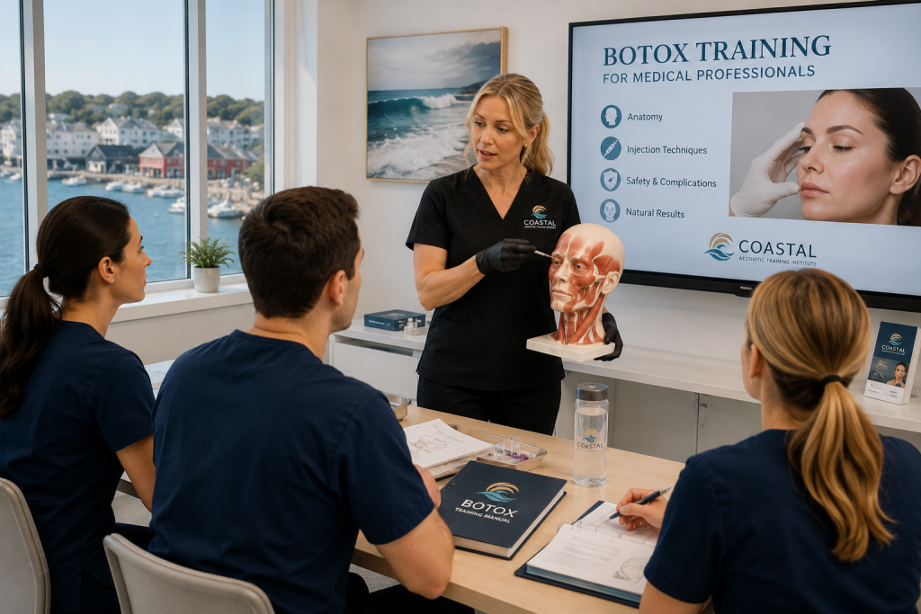 Instructor teaching Botox injection techniques using a facial anatomy model during a hands-on medical aesthetics training course at Coastal Aesthetic Training Institute.