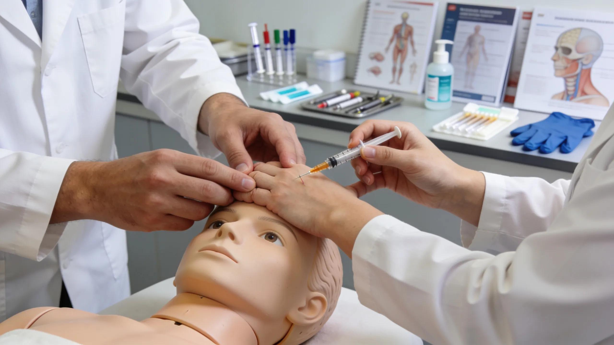 Medical professional practicing Botox injection with guidance from an instructor in training workshop