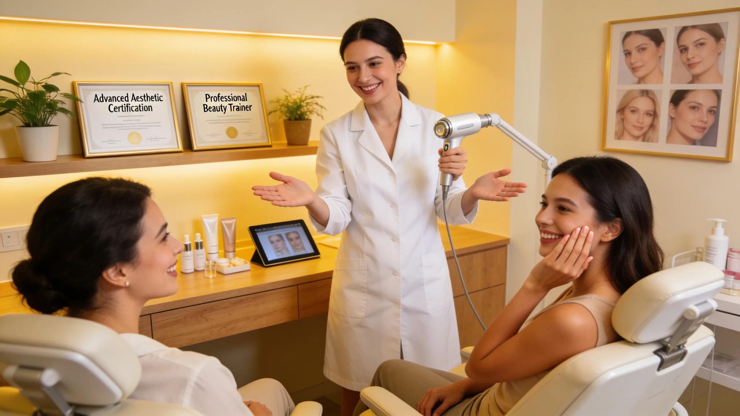 Aesthetic practitioner and satisfied clients in a professional clinic setting highlighting career advancements