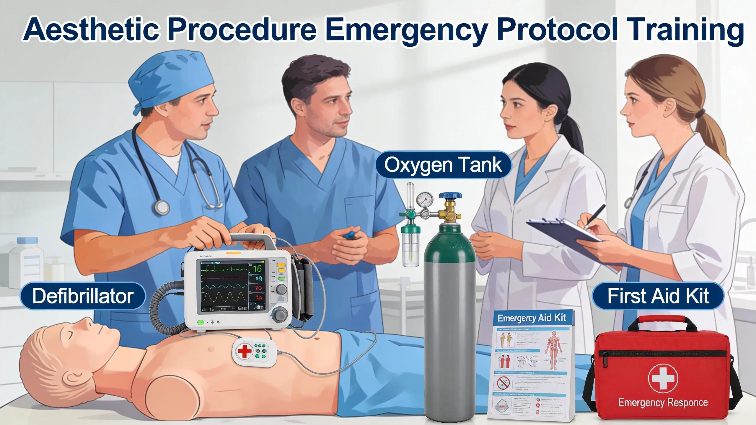 Medical professionals learning emergency protocols for aesthetic practices