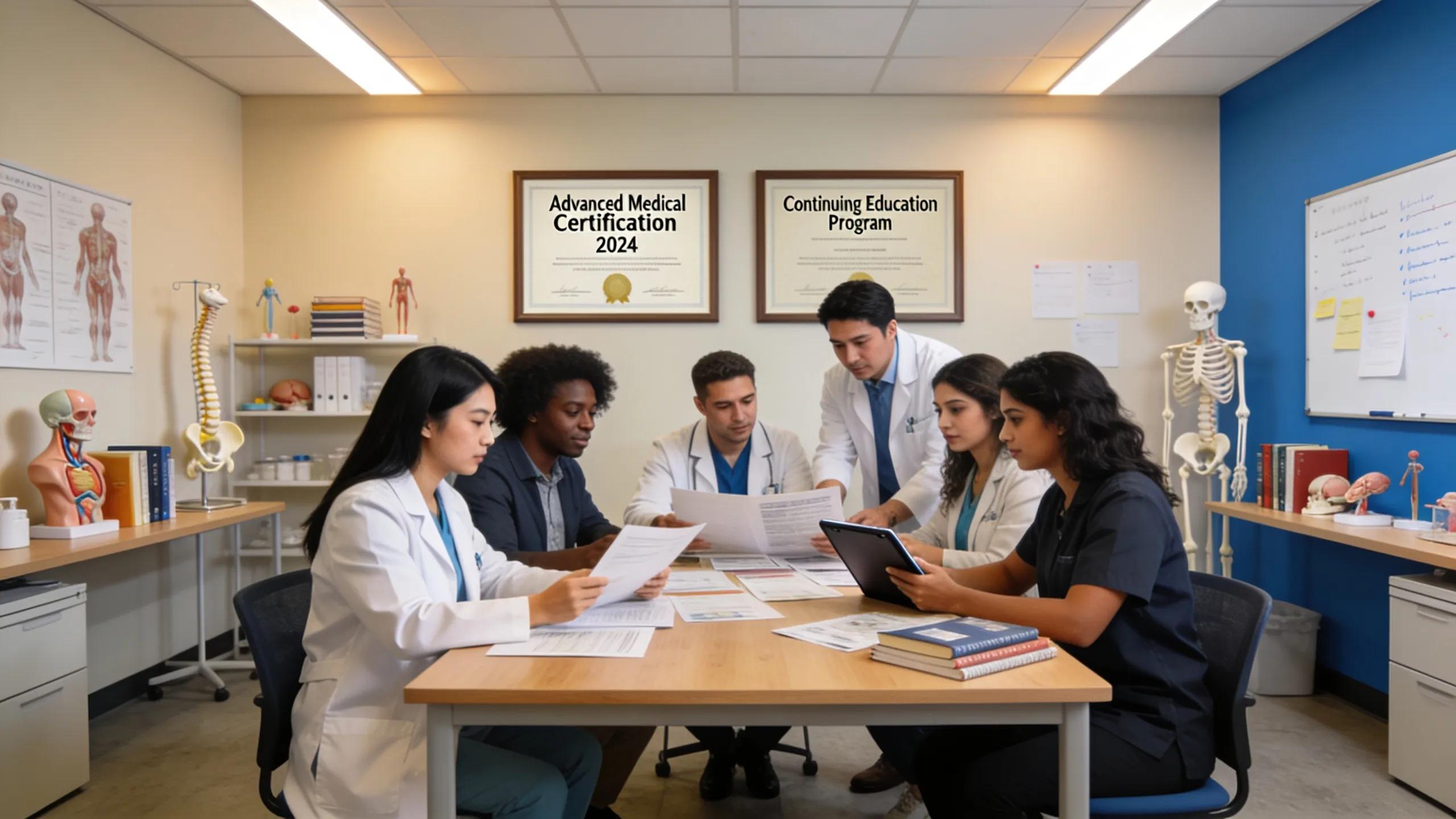 Medical professionals collaborating on certification process highlighting teamwork and educational focus