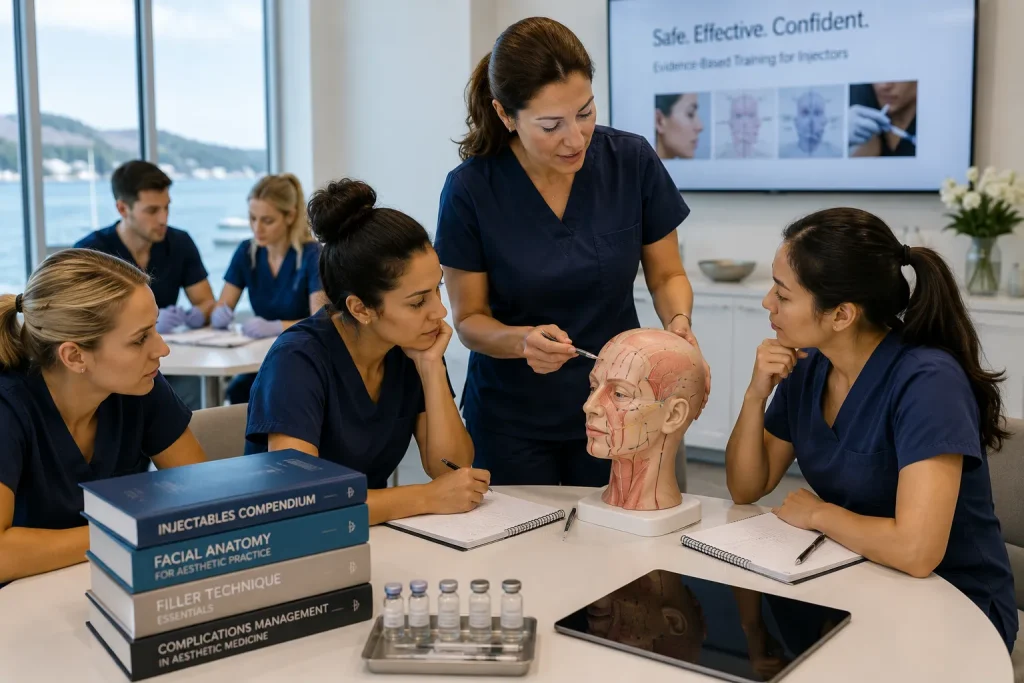Medical professionals engaged in hands-on aesthetic training at Coastal Aesthetic Training Institute, studying facial anatomy