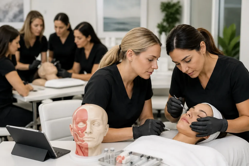 Two aesthetic practitioners performing facial injections on a model during a hands-on training session