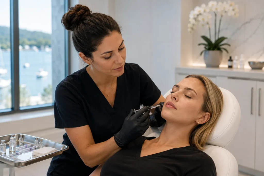 Aesthetic injector performing a dermal filler procedure on a patient in a modern clinic, emphasizing