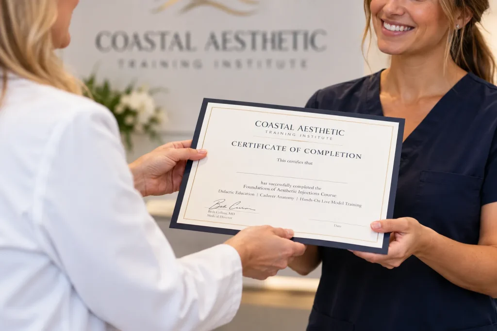 Clinician receiving a certificate of completion after hands-on injection training at CATI